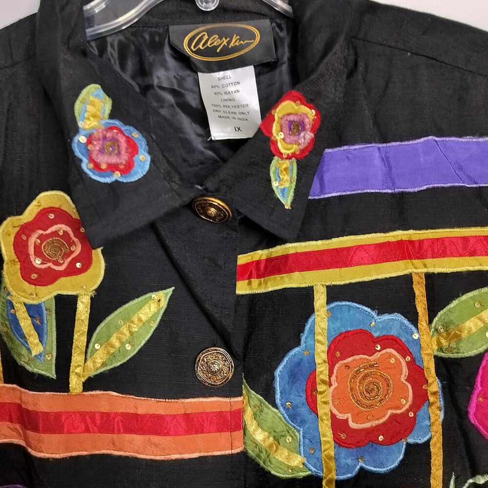 4938)Alex Kim Art to Wear Multicolor Embroidery Patchwork Button Down Top 1X - Picture 5 of 9